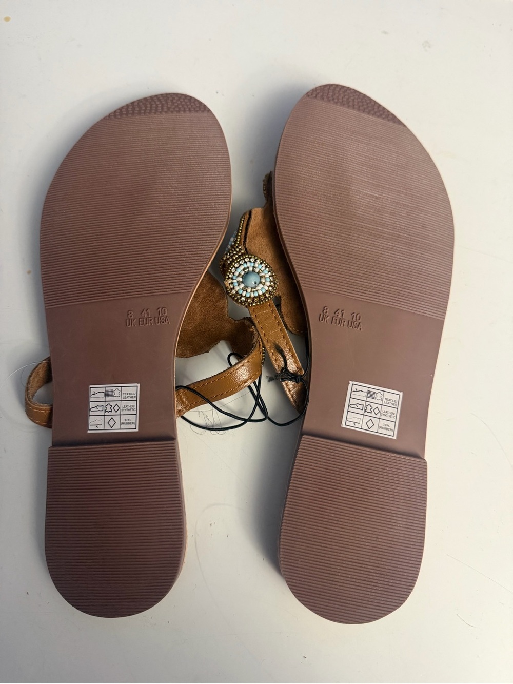 Beaded Tan Leatherette Toe-Post Sandals with Turquoise Accents - Picture 3 of 3